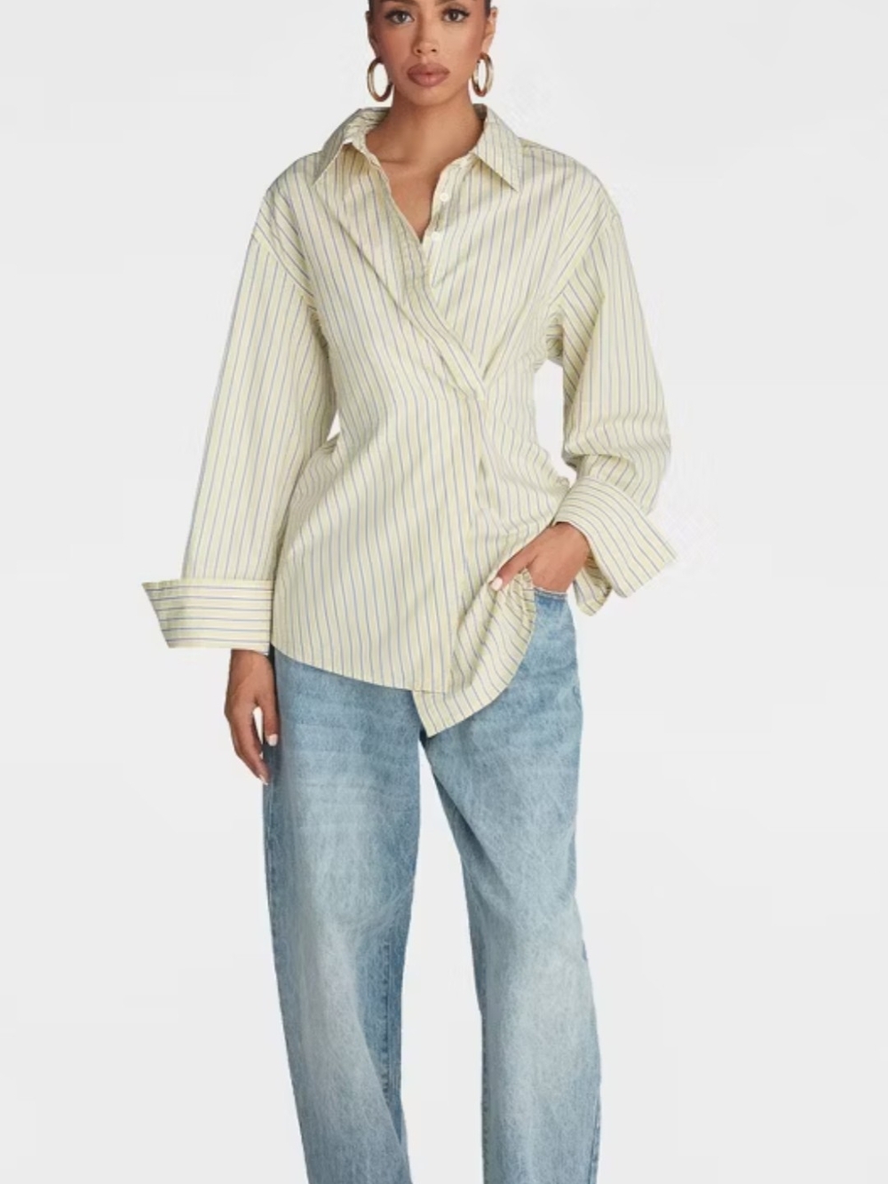Women's Striped Wrap-Front Button Shirt in Pale Yellow and White Nwt Retail $45